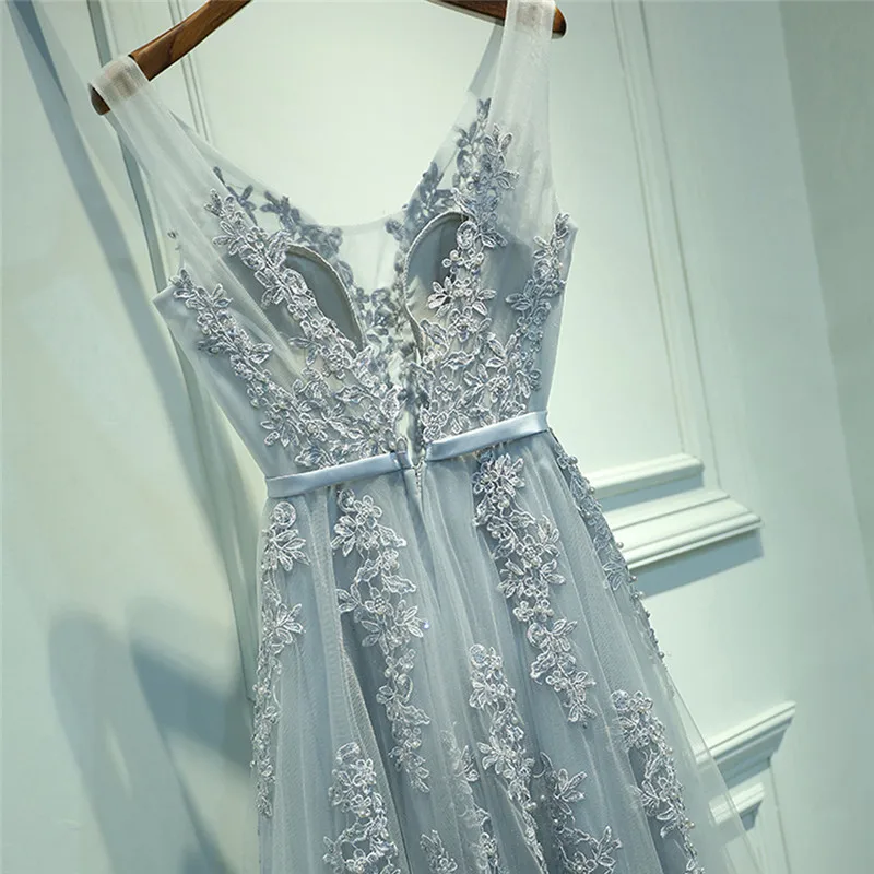 Сексуальное вечернее платье с v-образным вырезом, Robe De Soiree, новинка, высокое качество, Серый Тюль, вечерние платья с аппликацией, настоящая фотография, vestido de festa