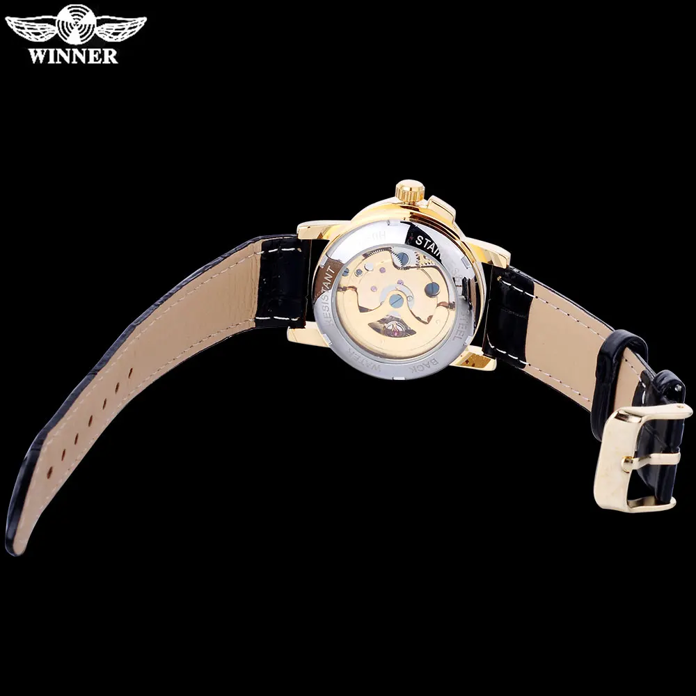 2016 WINNER popular brand women watches luxury automatic self wind watch skeleton dials transparent glass gold case leather band | Наручные