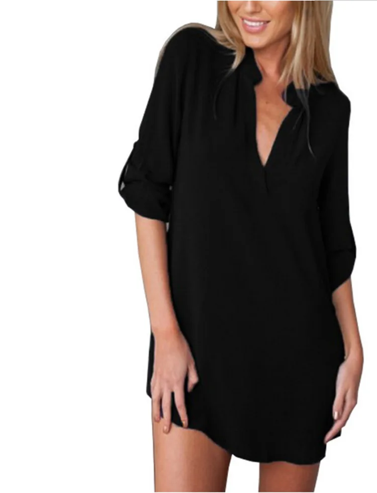 2018 Fashion Plus Size Women Chiffon Blouse V Neck Pockets Long Sleeve Asymmetrical Shirt Solid Loose Casual Womens Blouses |