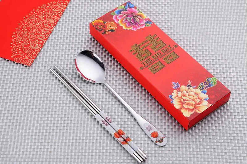 100 шт./лот столовая посуда из нержавеющей стали ложки двойного счастья красного