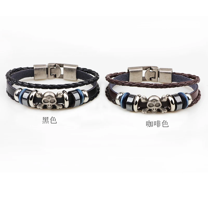 Новые мужские плетеные браслеты из натуральной кожи с черепами в стиле панк рок