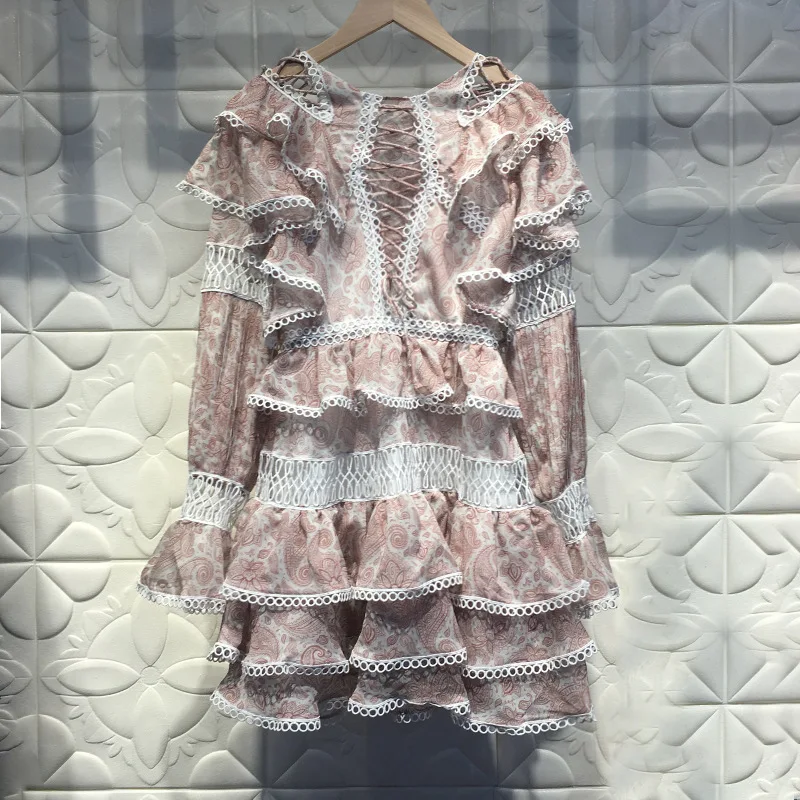 

High Street Women Designer Pleated Dresses Mini Luxury Lace Hollow Out 2019 Ladies Chic Flare Sleeves Ruffle Dress Party Vestido