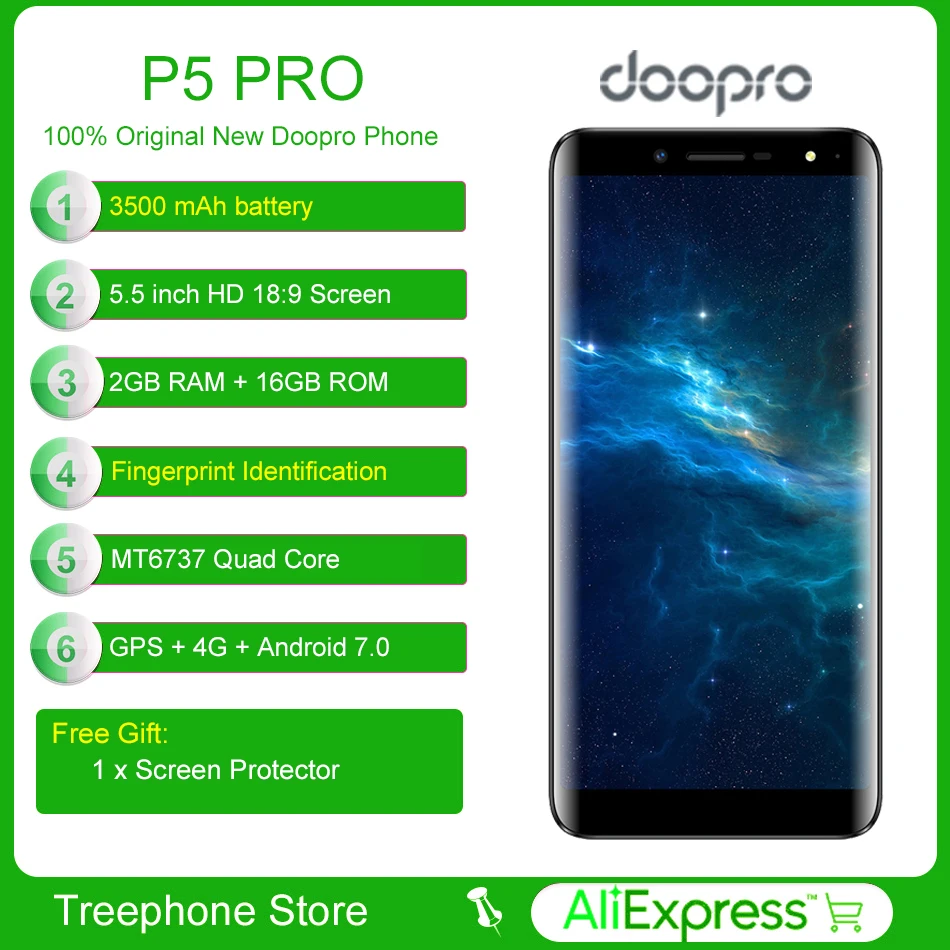 Отпечатков пальцев Doopro P5 Pro 4 г Android 7 0 смартфон 5 ''HD MT6737 ядра сотовый телефон 2 ГБ