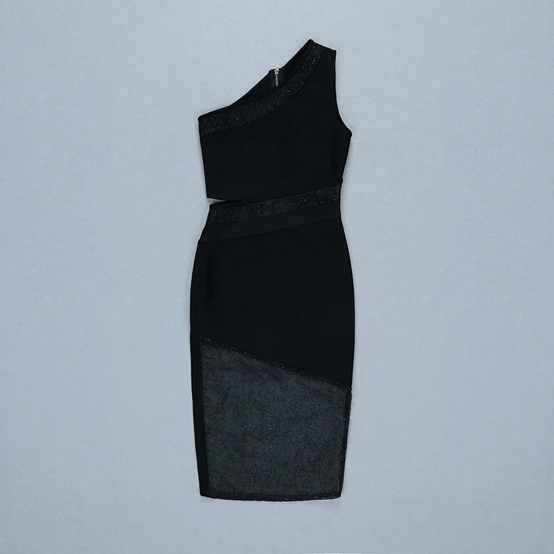 Высококачественное черное элегантное платье на одно плечо с длинными рукавами