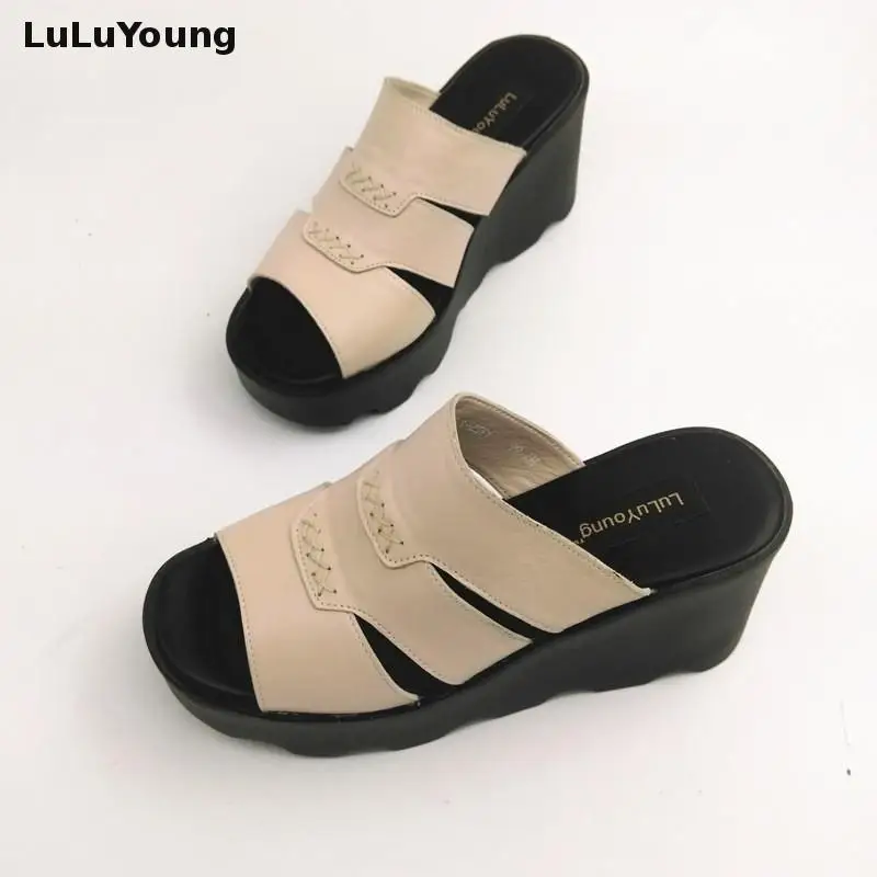 Шлепанцы из натуральной кожи сандалии на высоком каблуке босоножки платформе