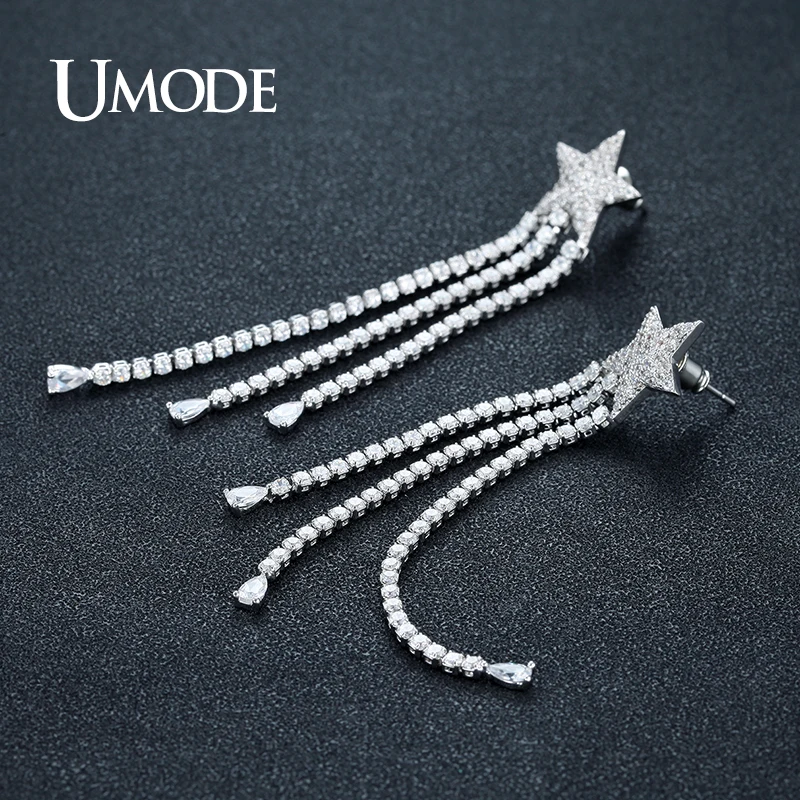 Серьги UMODE с фианитами женские длинные висячие серьги-кисточки подвесками в виде