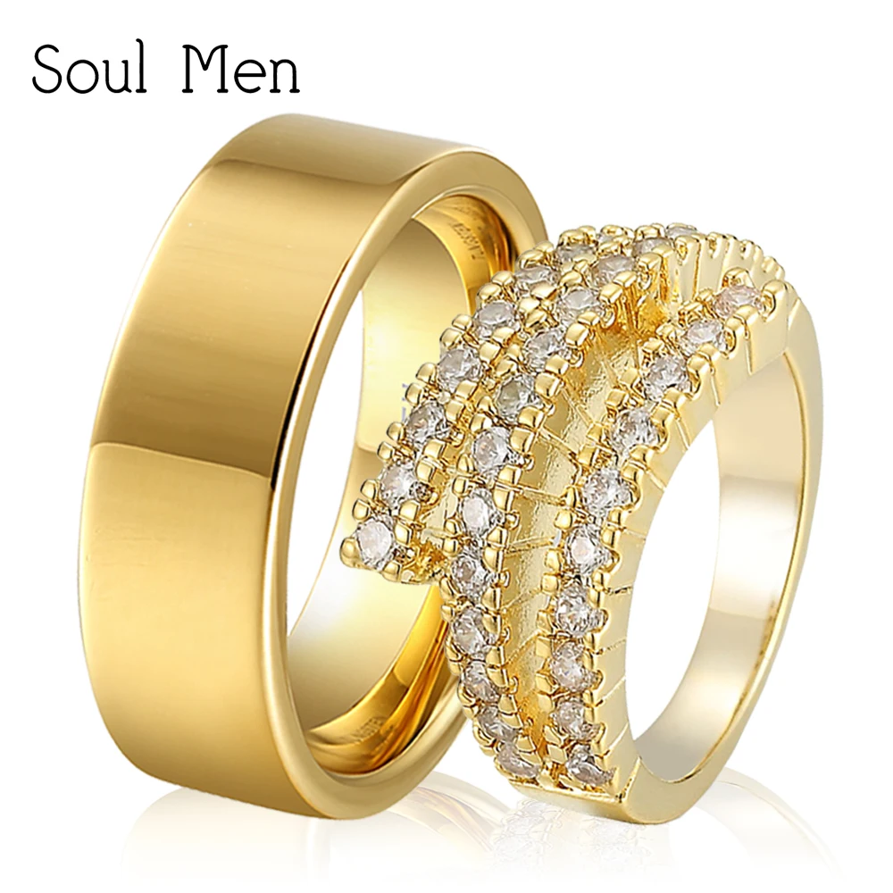 Soul для мужчин, 1 пара, золотой цвет, обручальные кольца, набор, 8 мм, плоские, простые, для мужчин, шикарный, кубический цирконий, браслет для женщин, модные, парные ювелирные изделия