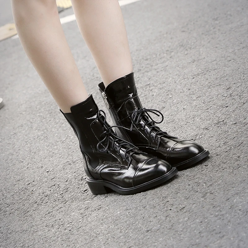 

WETKISS Low Heels Motorcycle Women Boots Round Toe Cross Tied Footwear Patent Leather Female Booties Zip Shoes Woman 2018 New