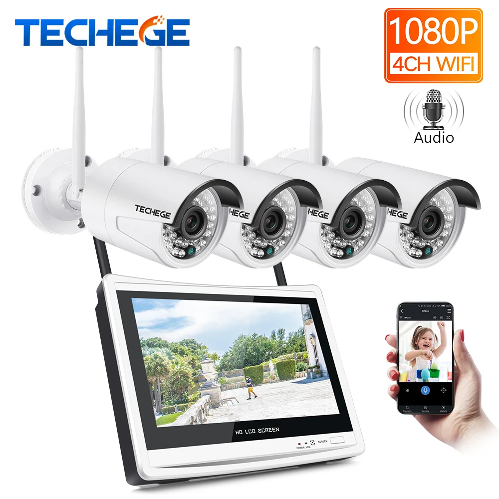 Techege 4CH беспроводной 1080 P NVR комплект HD 2.0MP беспроводная камера wifi 12 &quotЖК дисплей