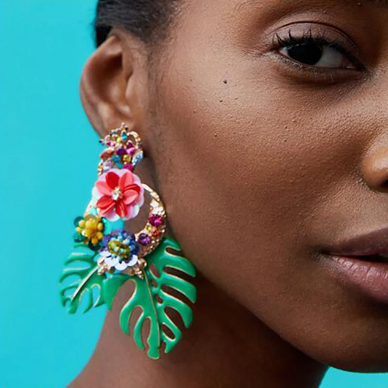 Женские богемные серьги подвески с листочками и цветами роскошные большие