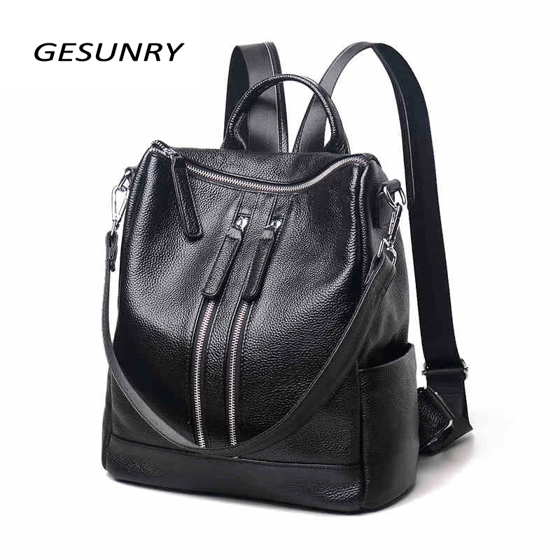 Рюкзак из натуральной кожи вместительная черная сумка на плечо Женский