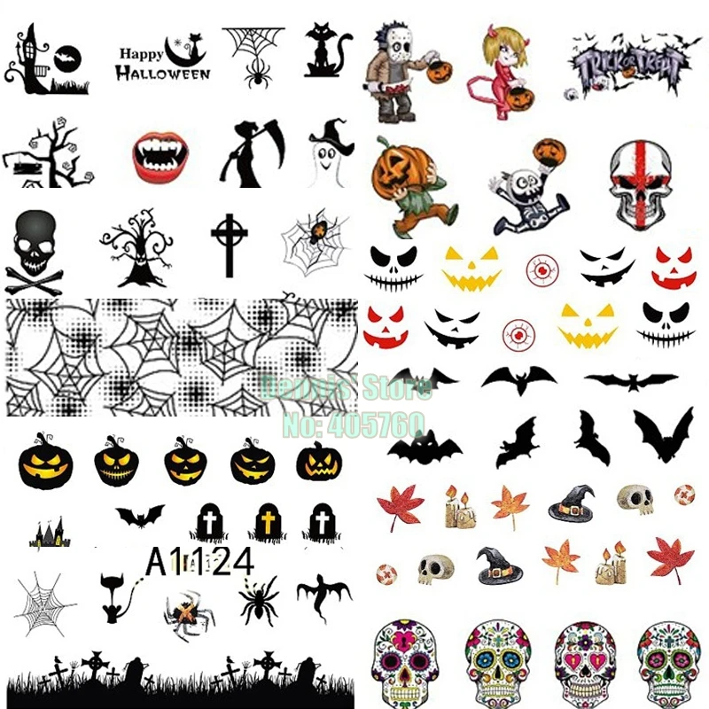 12 листов переводные наклейки на ногти с черепом Пауком черной кошкой ведьмой |