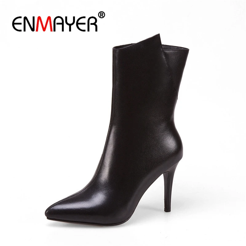 ENMAYER NEW 2020 fashion genuine leather boots with zipper pointed toe thin heels ankle black red white women CR897|Женские