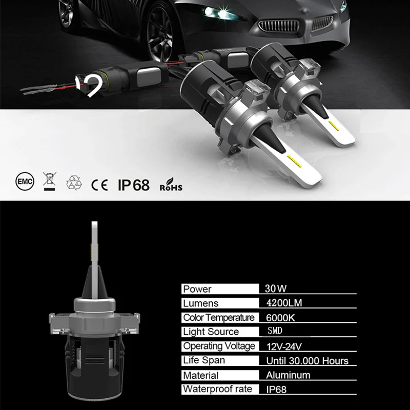 JKCOVER лампа фары H4 led 9004 H7 H11 9005 H3 9006 H1 60 W светодиодные 9012 h13 высокое Мощность белый 6000
