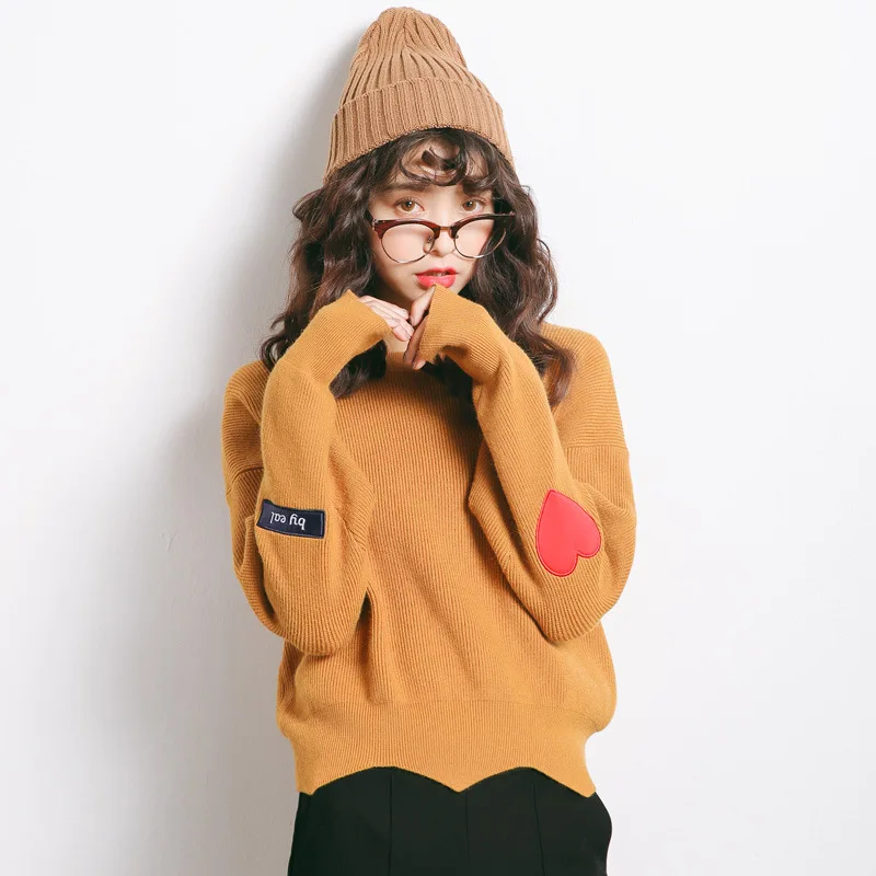 Young Girls Sweet Autumn Sweaters Casual O Neck Long Sleeve Love Heart Embriodery Wave Hem Pullovers Female Cute Loose Jumpers | Женская