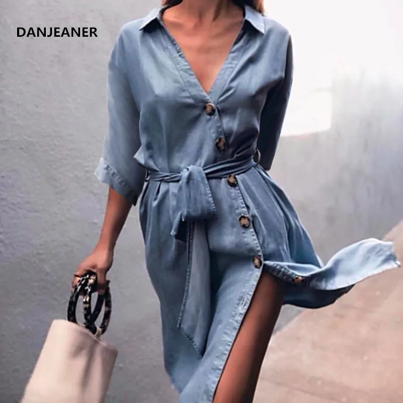 

Danjeaner Summer Casual Cowboy Dress with Sashes Women Sexy V neck Solid Slim Fit Long Dress Elegant England Style Denim Dresses