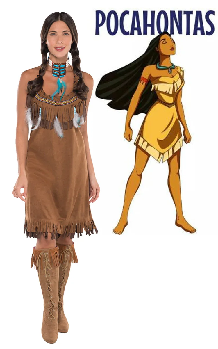 Женский костюм принцессы Pocahontas индийский на Хэллоуин коричневое платье для