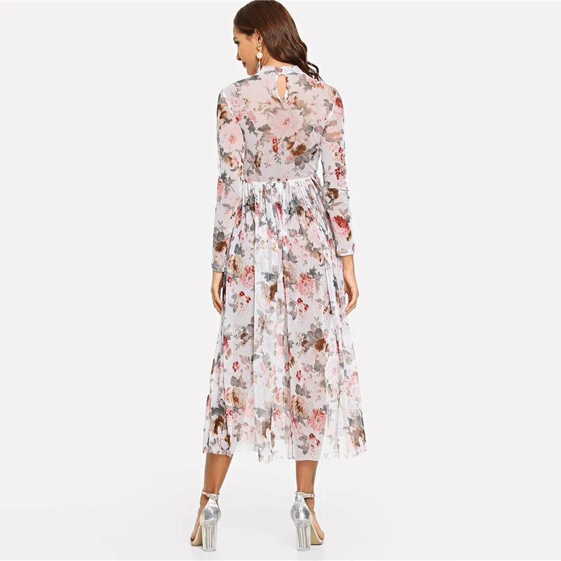 SHEIN, многоцветные вечерние платья Highstreet, элегантные, с ложным вырезом, полупрозрачные, плиссированные, с цветочным рисунком, ТРАПЕЦИЕВИДНОЕ ПЛАТЬЕ, осень, современные женские платья