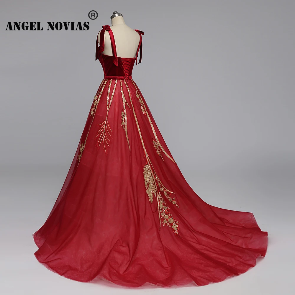 Angel Novias длинное реальное изображение бордовое бальное платье Роскошные арабские Длинные вечерние платья без рукавов платье с золотыми аппликациями