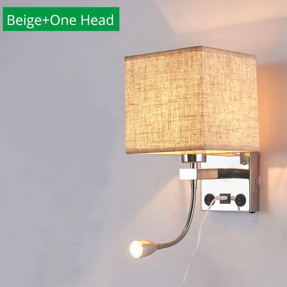 Beige One Head Современный светодиодный для помещений настенный светильник прикроватный спальня аппликация бра с выключателем USB E27 лампа для интерьера изголовье дома отель настенные светильники - Цвет абажура: Beige One Head