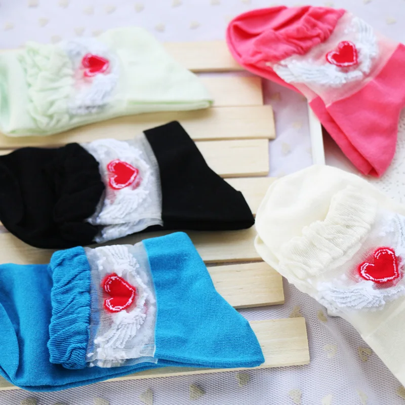 Spring Harajuku 5 Pairs/Lot Women cute Princess Love Heart Angel Wings Cotton Socks Female Loose Glass Silk Short Ankle Meias