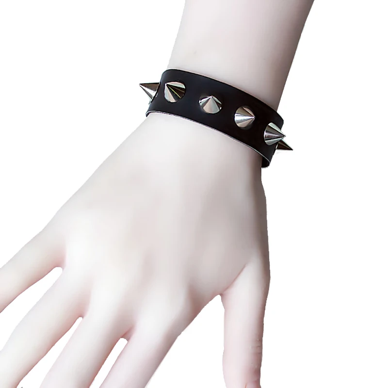 

Unisex Women Girl Bracelets Sexy Punk Gothic Silver Spike Rivet Cone Black PU Leather Bracelet Wristband Cuff Fashion Jewelry