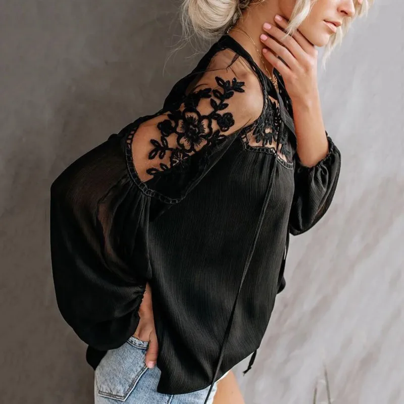 2019 Chiffon Women's V-Neck Casual Lace Mesh Stitching long sleeve blouses with Lanern Sleeve | Женская одежда