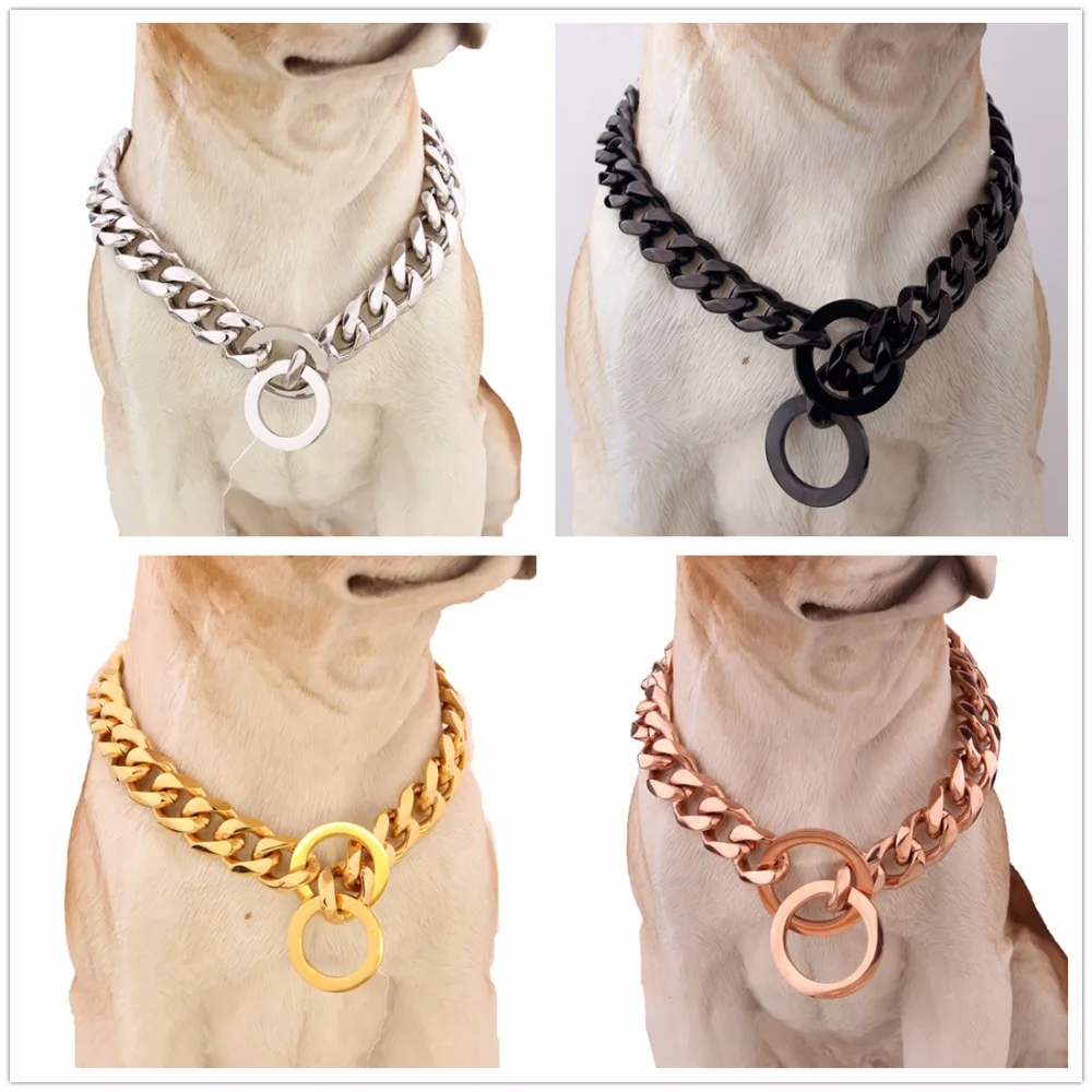 Collar de cadena de eslabones cubanos para perro, cadena de eslabones de acero inoxidable de 15/19mm de ancho, Color plateado/dorado/Negro/oro rosa, 12-32 