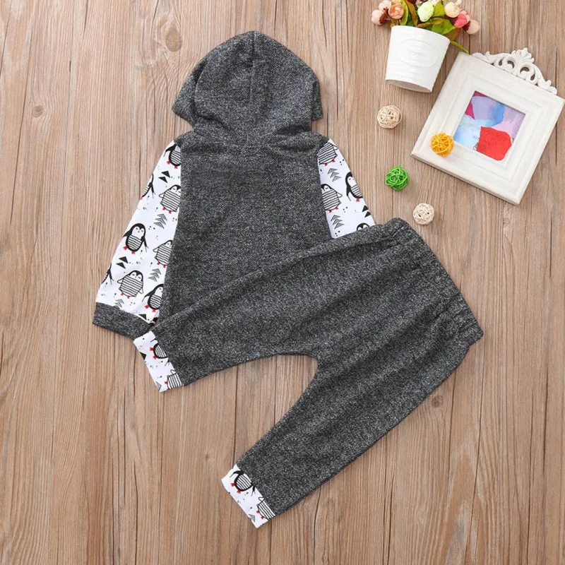 Infants Baby Clothes Set 2019 Spring Clothing Cartoon Penguin Print Cotton Hoody Sweater Pant 2 Pieces Suit For Newborn |