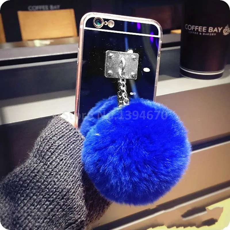 Silver Blue Ball Для iPhone 11 Pro XS MAX XR 6 6S 4 5 5S 5G SE 7 8 S X plus 6plus 7P чехол с зеркальной кисточкой Мягкий Пушистый Теплый искусственный мех кролика помпон - Цвет: Silver Blue Ball