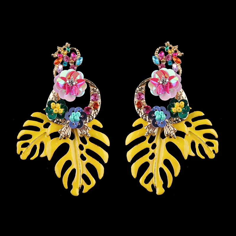 Dvacaman, модные серьги с большим зеленым листом, Boho, ручная работа, цветок, кристалл, висячие серьги, женские свадебные Этнические украшения AB48 - Окраска металла: yellow