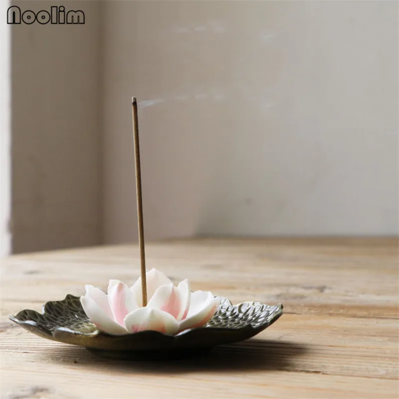 Ceramic Antique Lotus Incense Burner with Copper Incense Base Incense Stick Holder Aromatherapy Censer Home Teahouse Decor