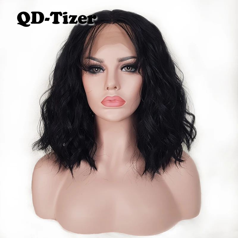 QD-Tizer черный/коричневый цвет свободная волна синтетический парик фронта шнурка Короткие Lob волосы бесклеевой с волосами младенца кружева передние парики для женщин