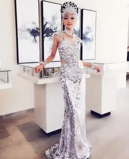 Серебряное платье для выступлений одежда маскарадный костюм Хэллоуина женщин