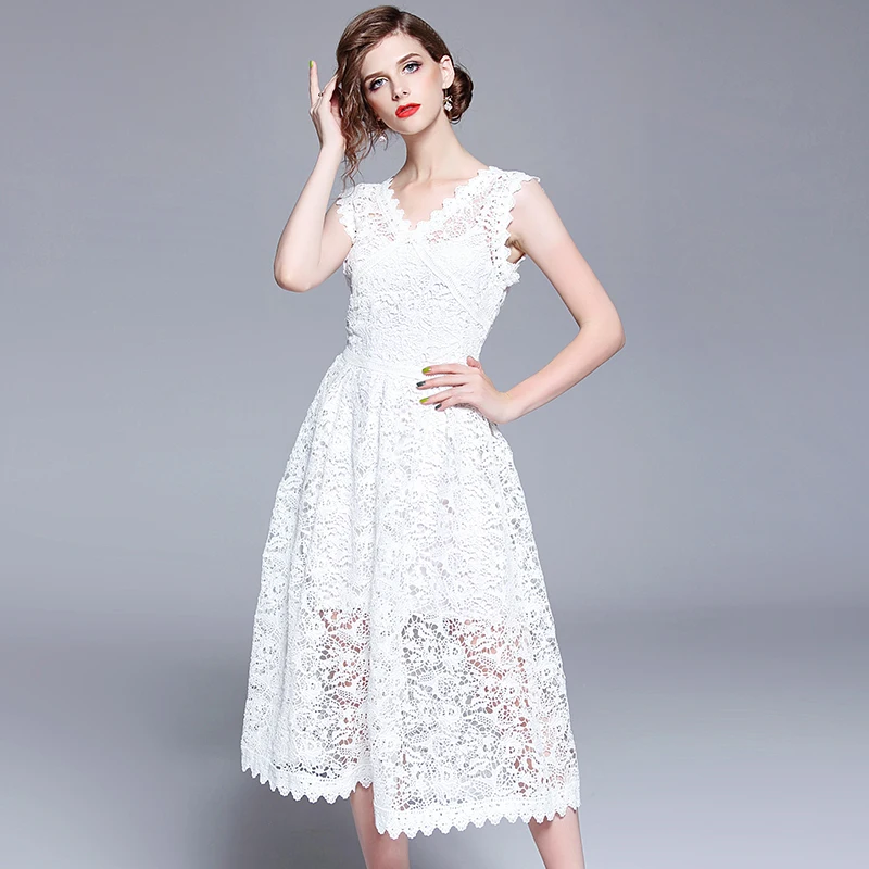 Элегантное женское летнее высококачественное белое кружевное платье без