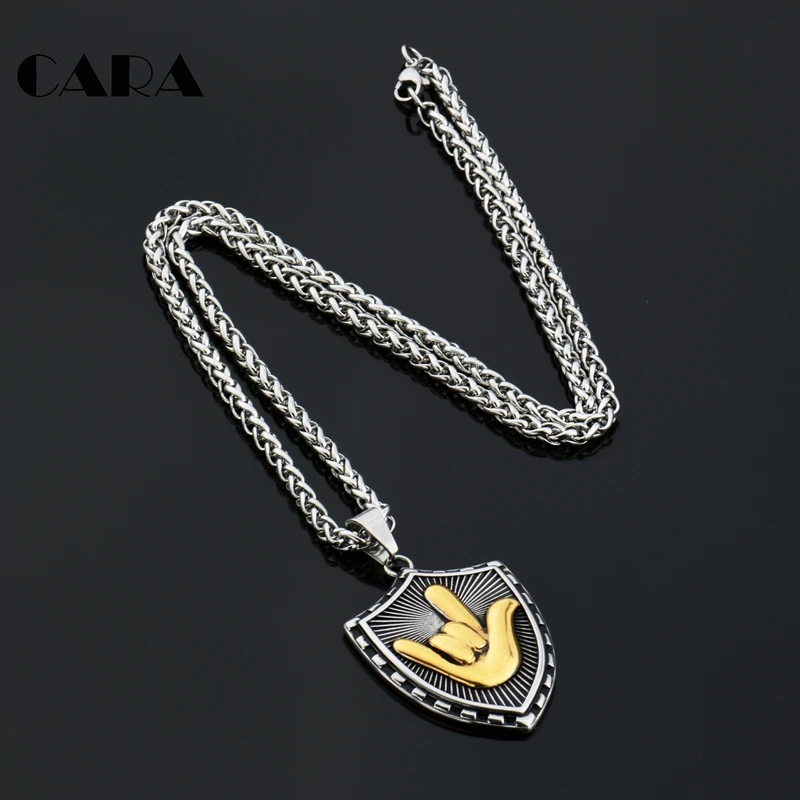 

2019 New Fashion Love shield pendant necklace Stainless steel Golden I LOVE YOU gesture shield necklace men jewelry CAGF0291