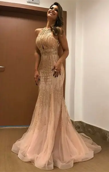 

Женское вечернее платье-Русалка с лямкой на шее, открытой спиной и кристаллами, модель 2019 года