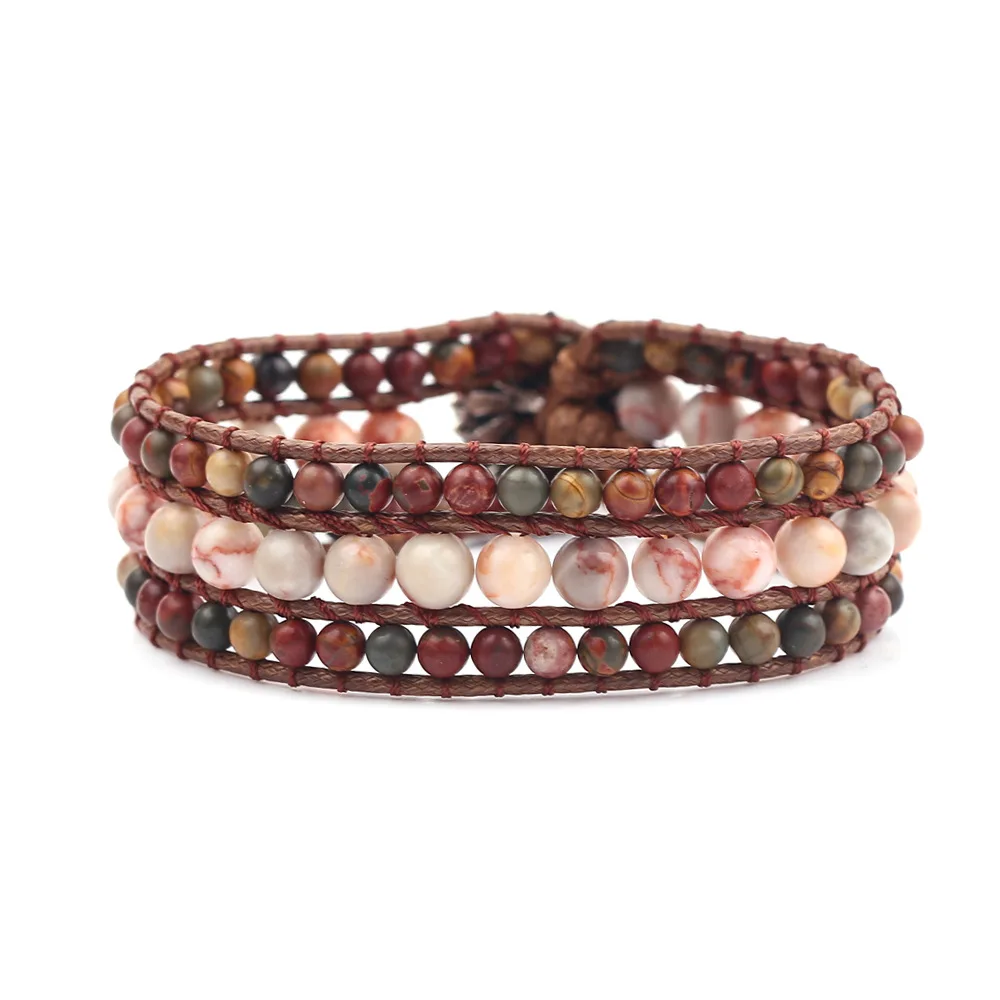 Смесь природных камней бусины слои кожаный браслет винтажный на пуговицах с