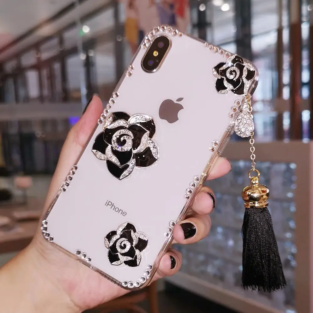Для iphone XS класса люкс camillia с блестящими цветами из кристалла Алмазный чехол для iphone XR XS Max X, 8, 8 plus, 6, 6 S, 6 P 7 7 P девочкa леди женщина чехол - Цвет: Черный