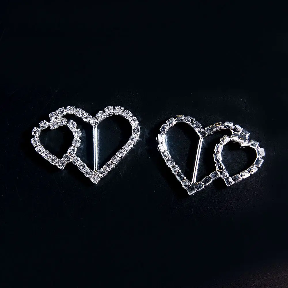 3 шт. пряжки из ленты блестящее Двойное сердце со стразами металлическая