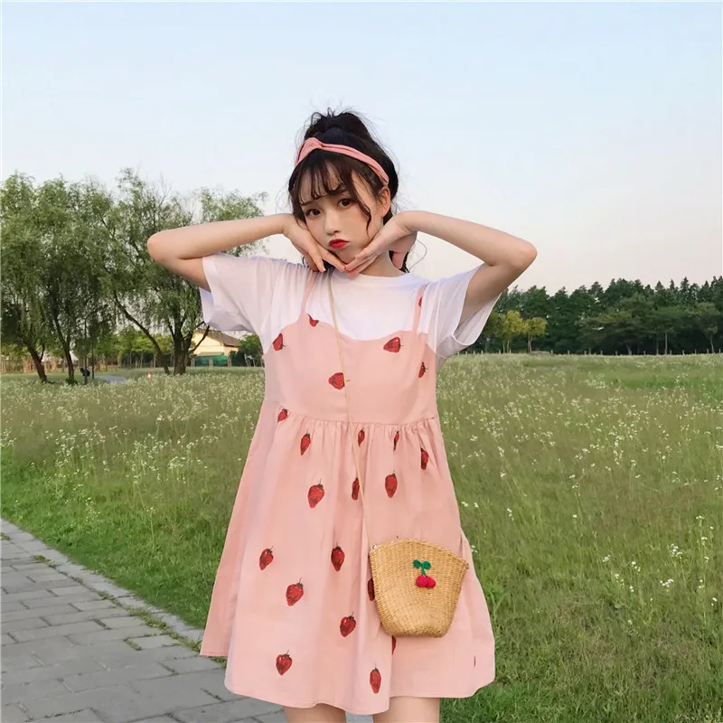 Новые летние милые платья в японском стиле для женщин, Kawaii, клубничный принт, короткий рукав, поддельные два предмета, платье для девочек, милое платьице