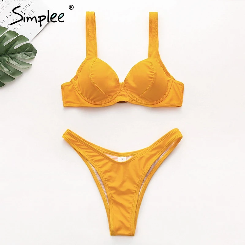Yellow Simplee плюс Размер пуш-ап мягкий комплект бикини женский летний пляжный купальник сексуальный Двухсекционный Повседневный купальник женский спортивный костюм - Цвет: Yellow