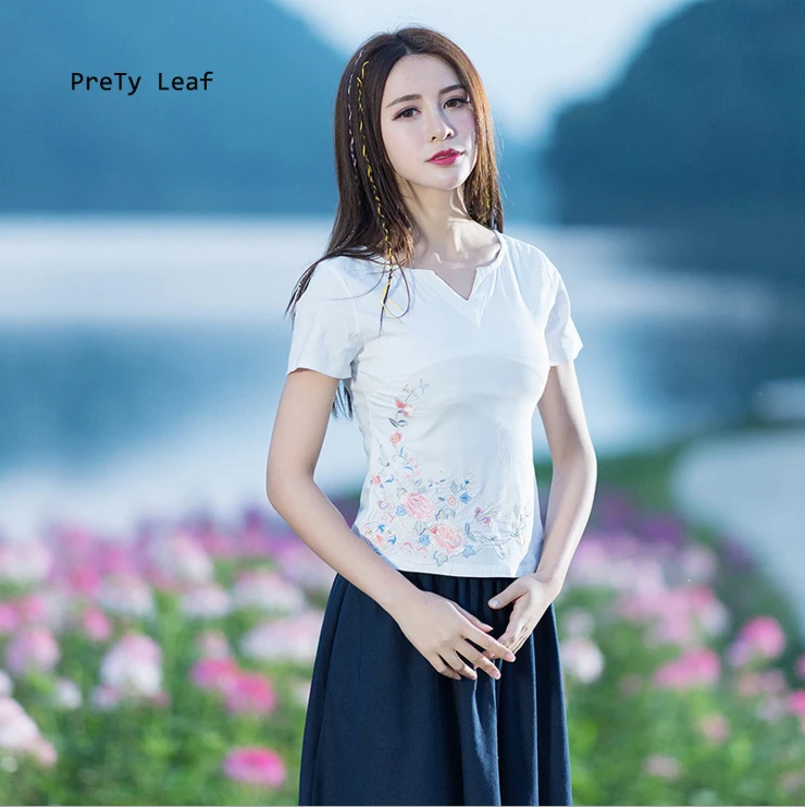 Новые летние хлопковые и льняные вышитые тонкий с v образным вырезом коротким