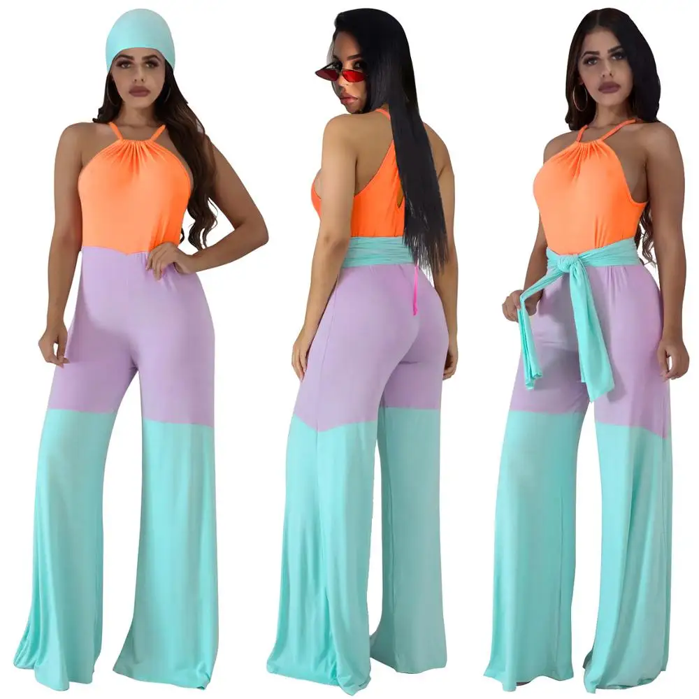 

Women's Ptatchwork Colour halter Backless Sleeveless 2019 sUMMer Beach jumpsuit Long Trousers bell pants