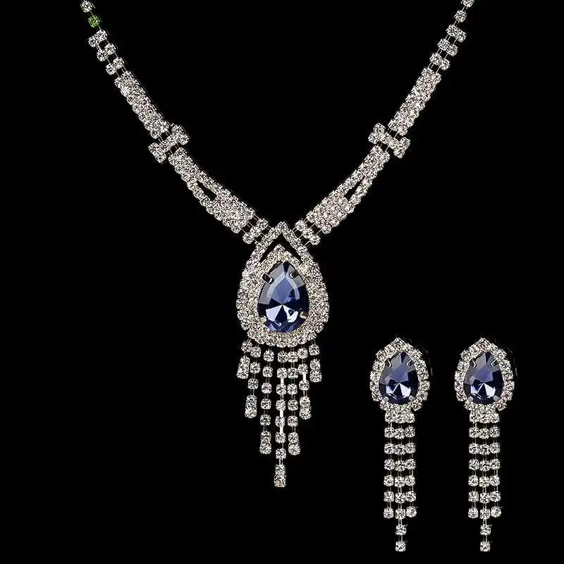 Blue Zircon Стиль, кристалл, циркон, Свадебные Ювелирные наборы, серебряное ожерелье, серьги, Свадебные Ювелирные наборы для женщин, аксессуары для девушек, вечерние - Окраска металла: Blue Zircon