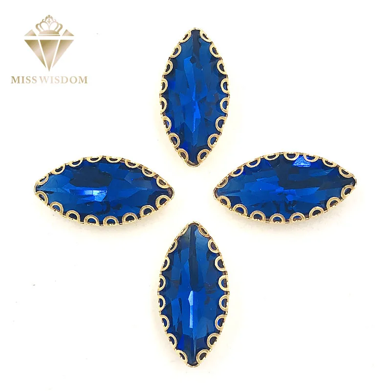 

7X15mm Royal blue Leaf shape sew on rhinestones gold base with hole lacy claws glass crystal rhinestone Diy clothing accessories