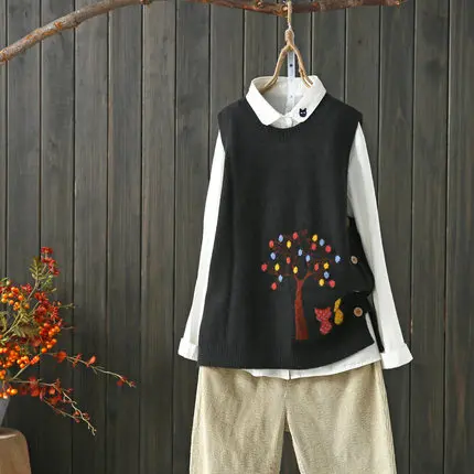 Черный Sweet Lovely Jacquard Cats Tree Pattern Vest Pullovers Women Yellow Spring Autumn Knitted Waistcoats Sleeveless Vest Tops Tank - Цвет: Черный