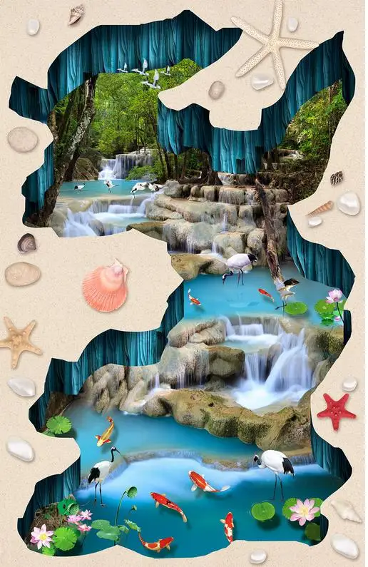 3d пол живопись обои водопад Лотос Карп 3D Пол ПВХ для ванных комнат|floor wallpaper|painting