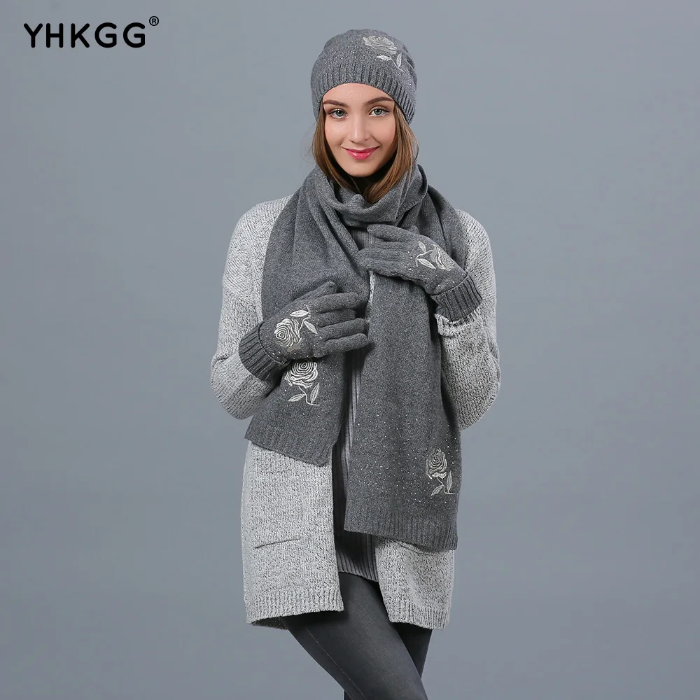YHKGG 2018 зимние вязаные шапочки шапка шарф комплект для женщин Шапки теплый