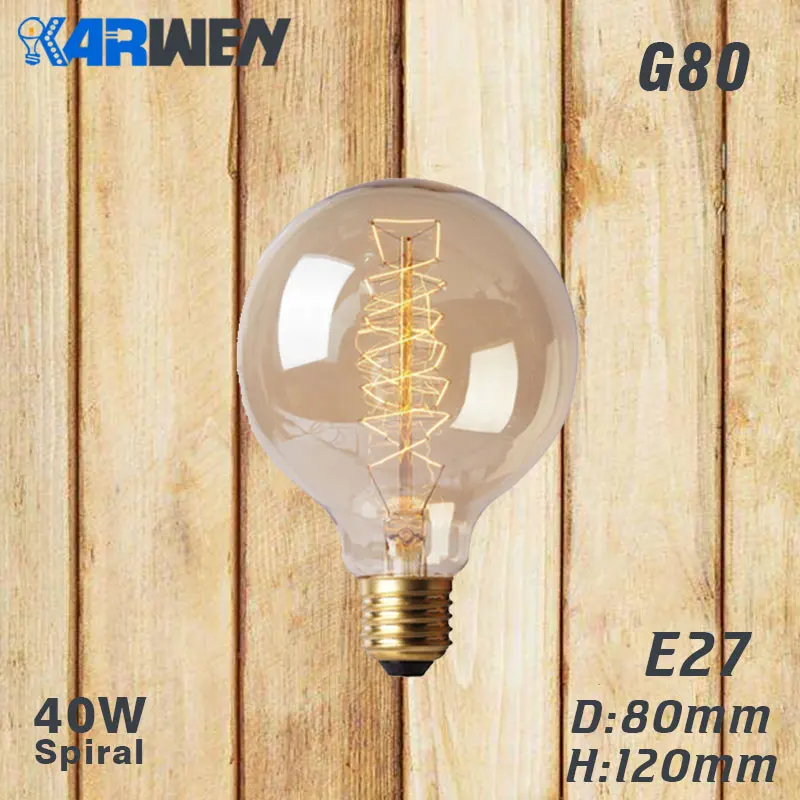 G80 spirai Эдисон лампы E27 40 Вт накаливания подвесной светильник в стиле ретро 220V ST64 A19 T45 T10 G80 G95 ампулы Винтаж лампа Эдисона лампа накаливания светильник лампочка - Цвет: G80 spirai
